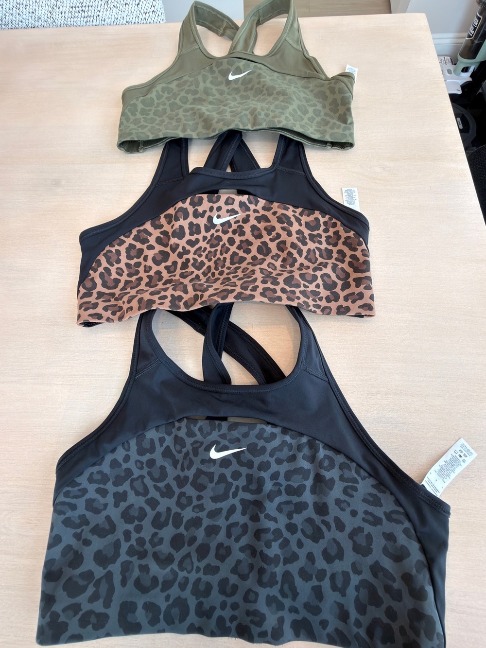 3 Nike Women’s Leopard Sports Bras - Black/Olive/Tan - Size Large